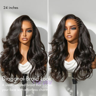 Side Braided Yaki Body Wave Glueless Ear-to-ear 13x6 Frontal HD Lace Wig Human Hair Flexi-Fit Drawstring Cap