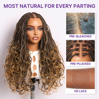 Ombre Honey Blonde French Curl Knotless Boho Braids HD Full Lace Long Wig Flexi Fit Invisi Drawstring Cap