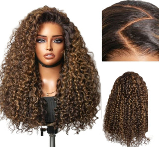 Curly wig with close-up views of the hairline and side view.